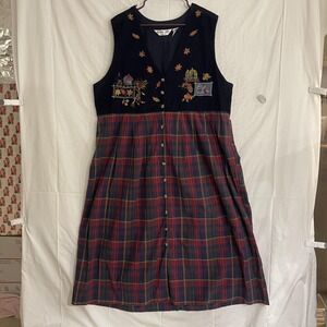 VTG Victoria Jones Dress Womens 22W Navy Corduroy Plaid Button Front Embroidered